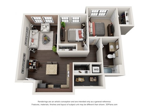 Floor plan for 2 beds, 1 bath, 893 sqft